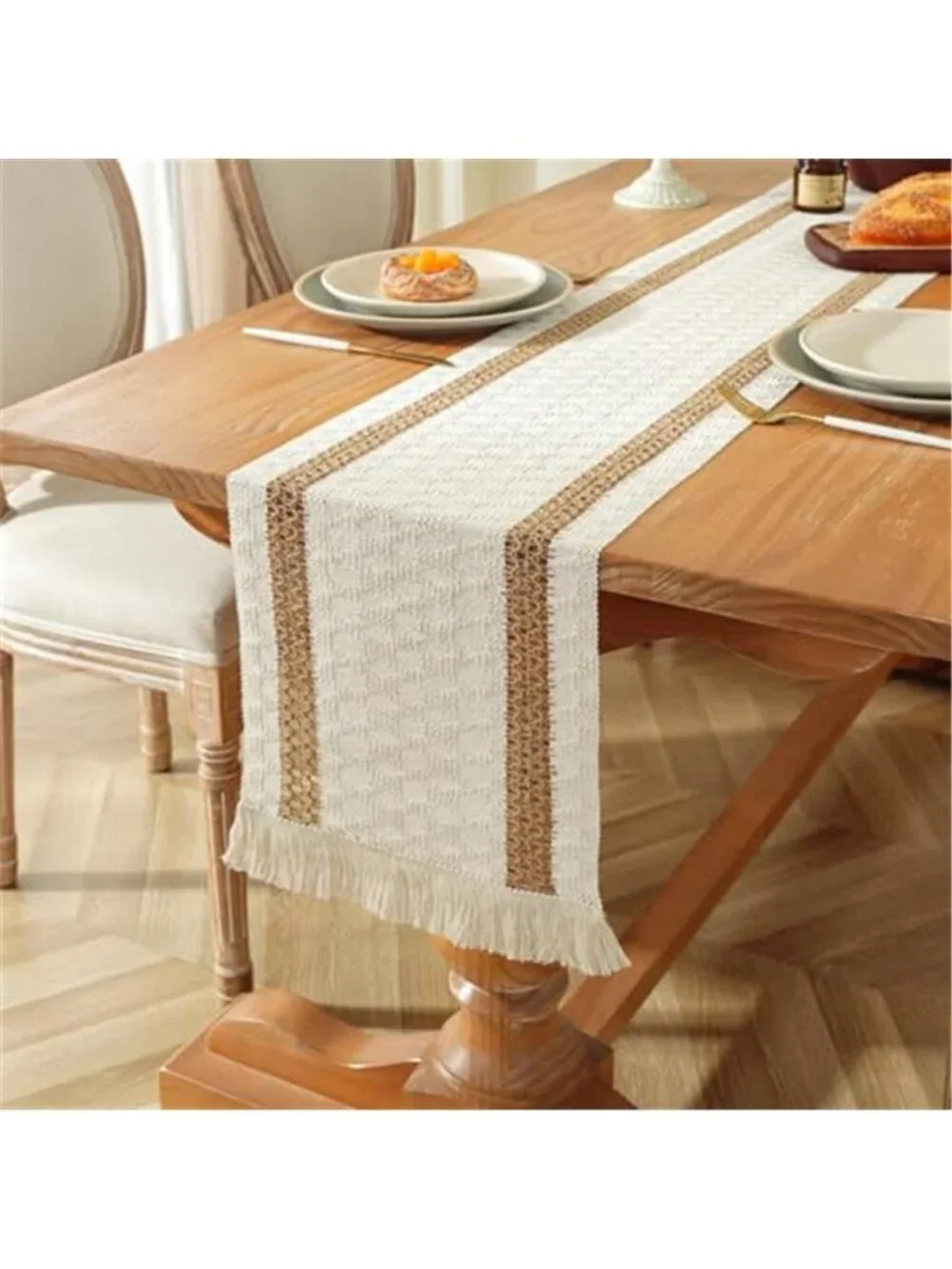 Boho Table Runner 12 x 90 Beige Brown Cotton Linen Farmhouse Tassel Dining Decor